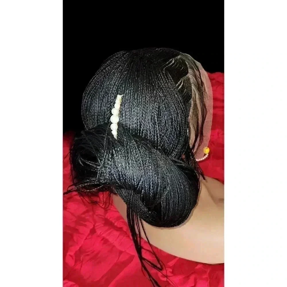 Braided Wig: Handmade, Long, Jet Black (#1) Human-Synthetic Blend, Cornrows NWT